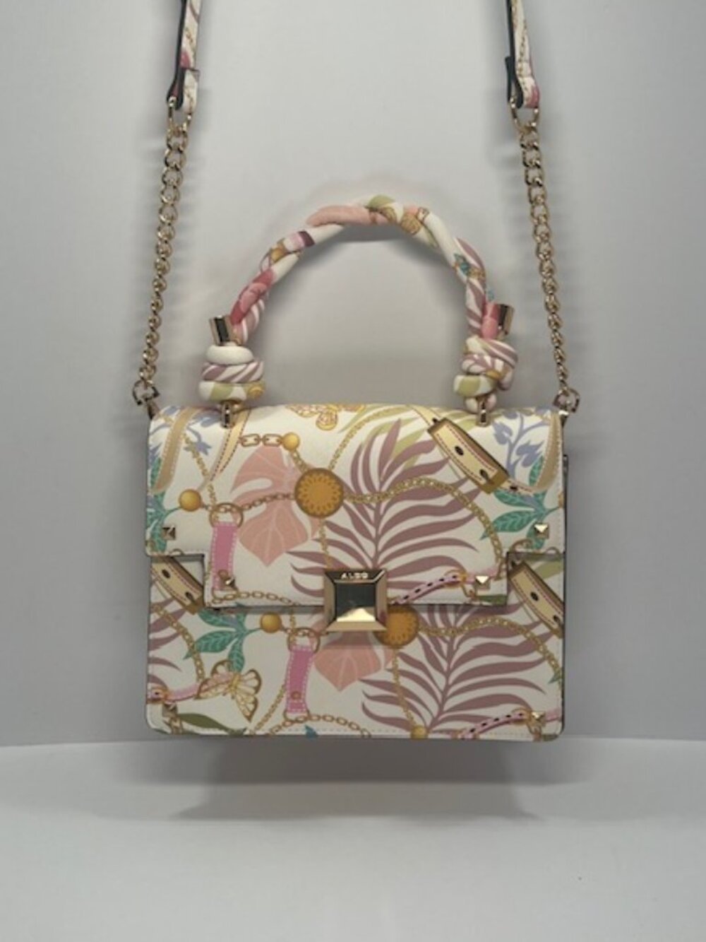 ALDO Womens Top Handle Crossbody Bag w/Colorful Tropical Pattern on Wht Bkgrd